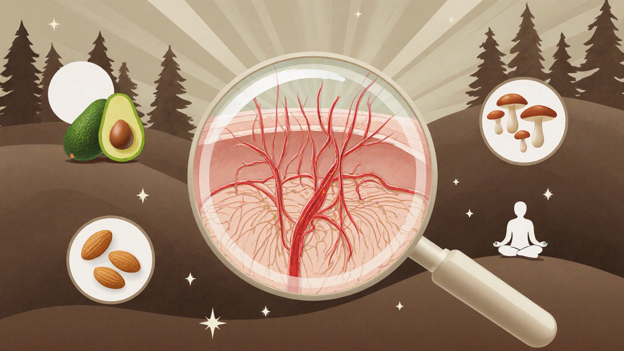 Zvětšený pohled na vlasové kořínky s krevními cévami a potravinami bohatými na biotin v pozadí.