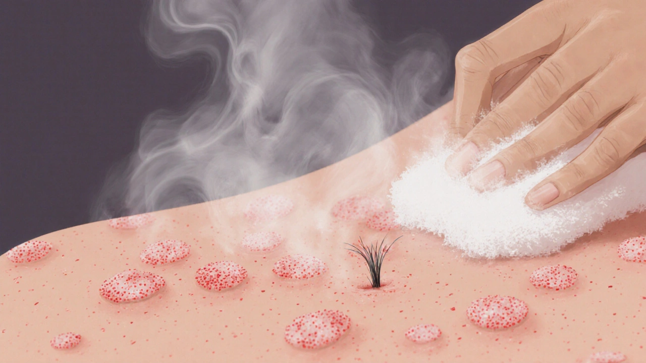 Zvětšený pohled na zánětlivé folikuly s zablokovaným vlasem.