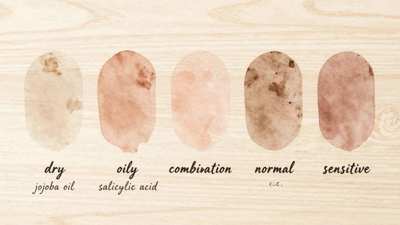 Abstraktní reprezentace pěti typů pleti s příslušnými ingrediencemi.