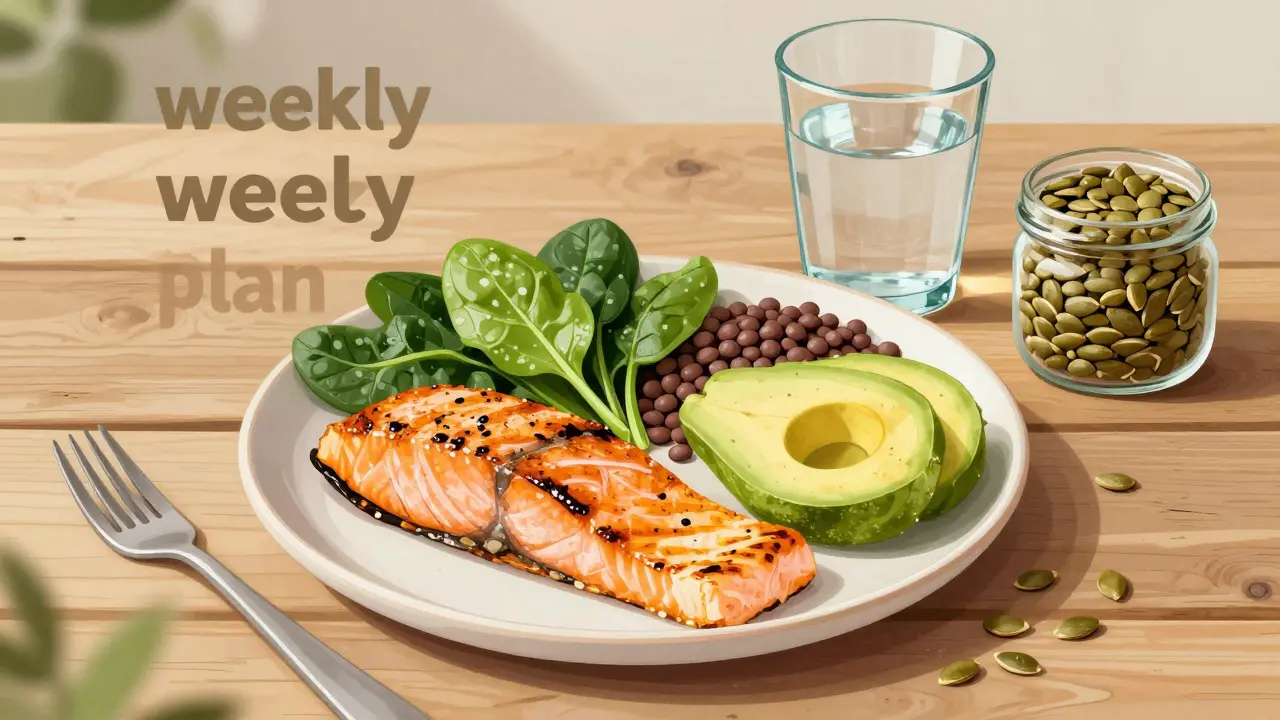 Barvivá jídelníčková scéna s lososem, špenátem, čočkou a avokádem pro posílení nehtů.