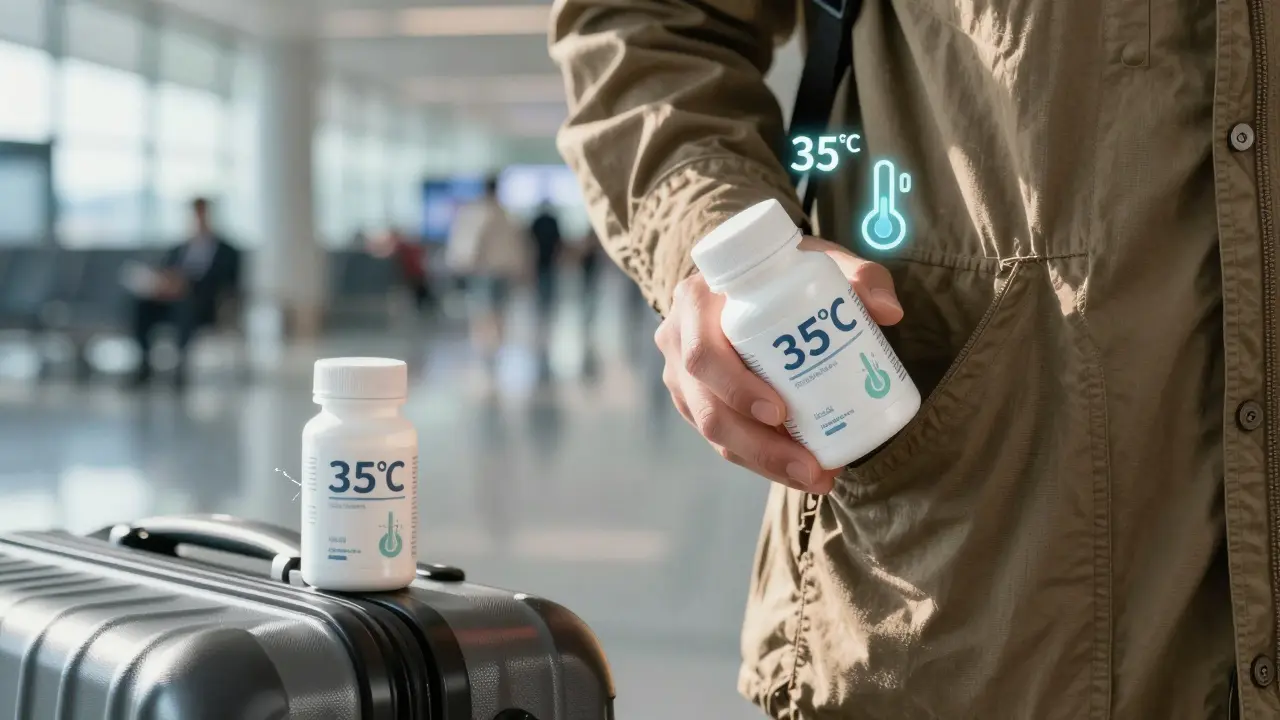 Cestující uchovává probiotika v vnitřní kapse bundy pro ochranu před teplem, zatímco jiná láhev v zavazadlech zaniká.