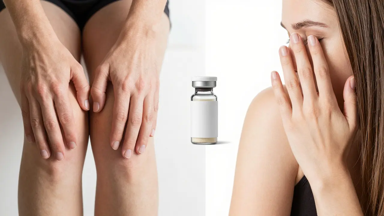 Dvě části obrázku: po levé straně slabé nehty a vlasů, po pravé straně zdravá kůže a vlasy, uprostřed lahvička kolagenu.