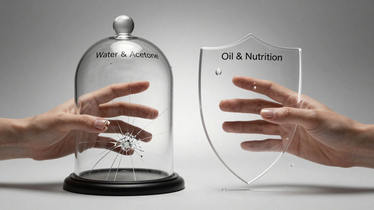 Dvě ruce: jedna s poškozenými nehty pod sklem, druhá se silnými nehty pod ochranným štítem.