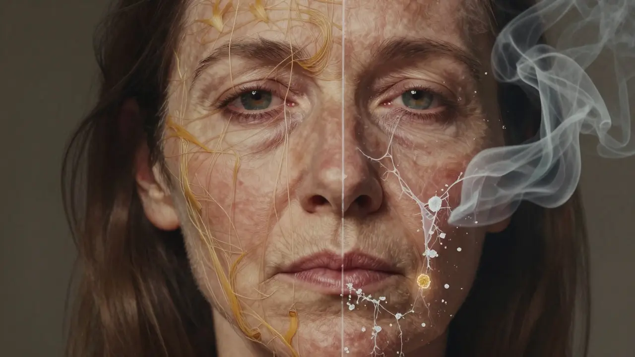 Dvě strany obličeje: jedna s celistvými kolagenovými vlákny, druhá poškozená sluncem, kouřem a cukrem.
