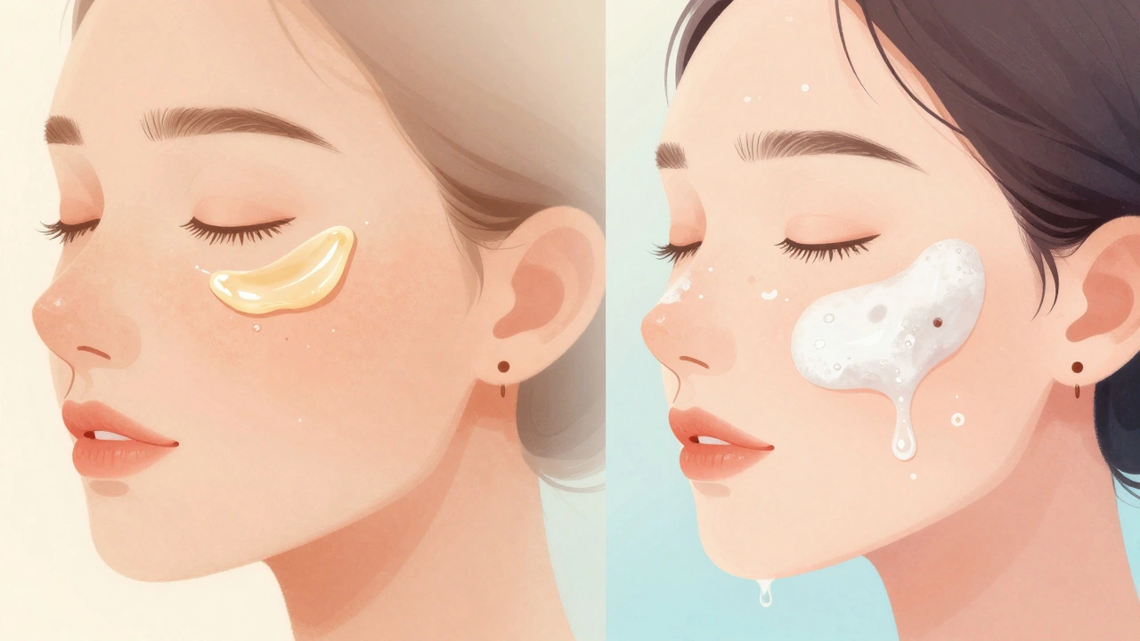 Dvoufázové čištění obličeje: olejový balm a čisticí gel v jedné scéně.