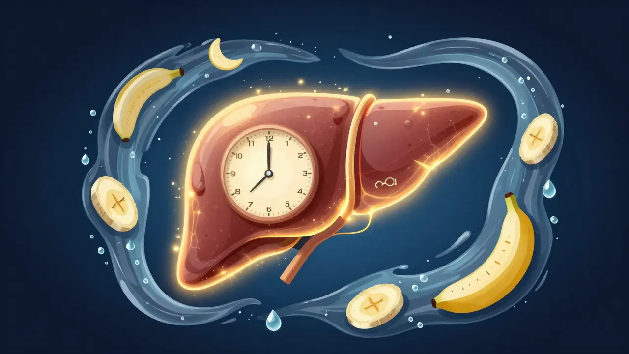 Játra s proudy vody a spánku, symbolizující přirozený rozklad alkoholu v těle.