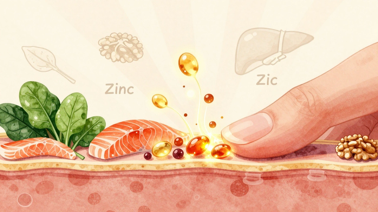 Křížový řez maticí nehtu s proudy živin jako biotin, železo a omega-3, podporujících růst nehtu.