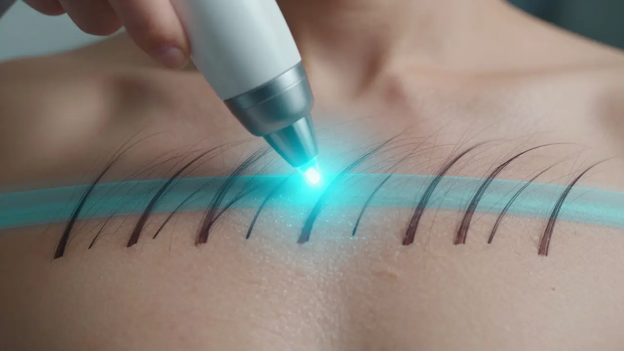 Laserový paprsek cílí na chloupky na obličeji, bez poškození pokožky, koncept trvalého odstranění.