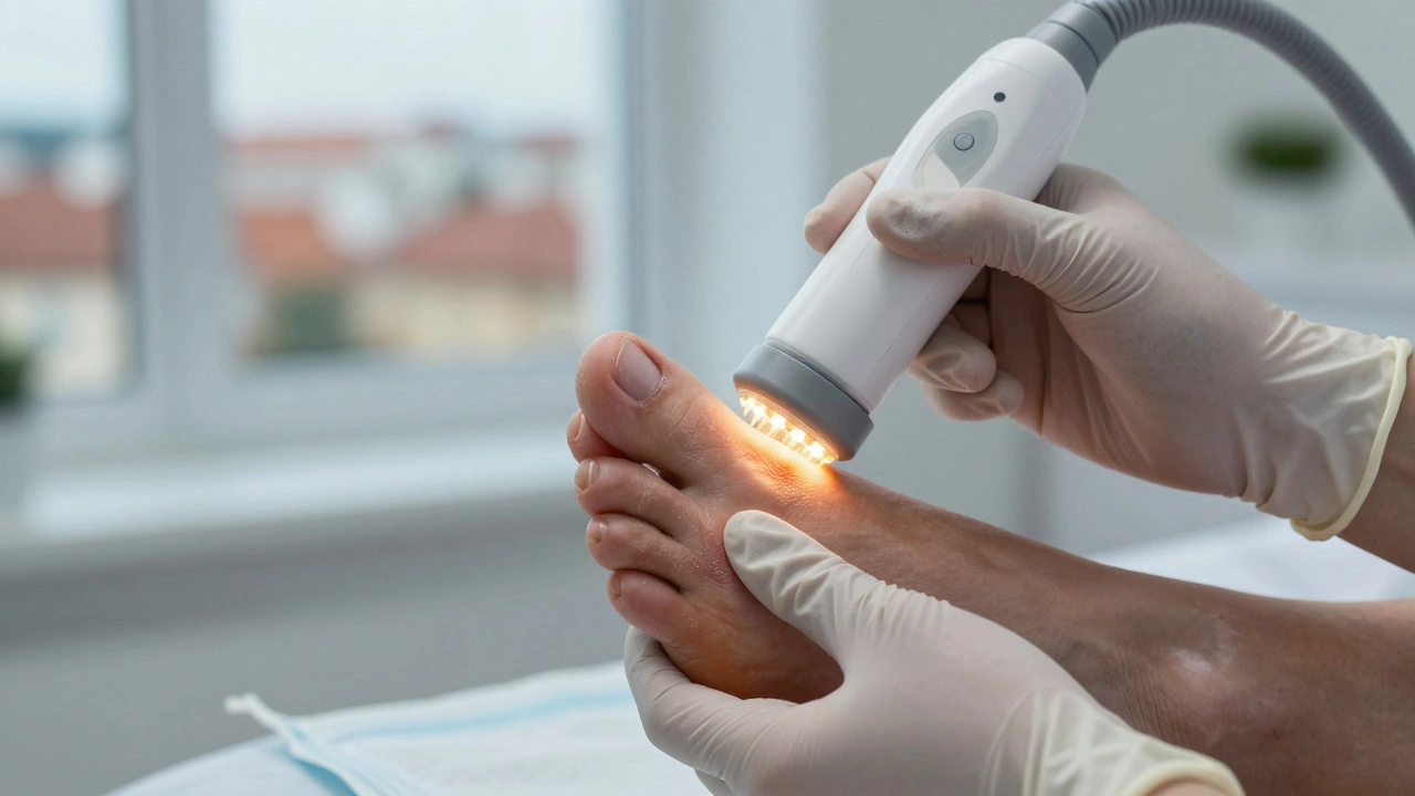 Léčba nohy diabetika pomocí bezpečného přístrojového zařízení bez poškození kůže.