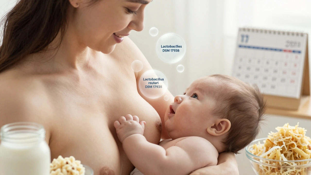 Matka kojí dítě, s probiotiky symbolizujícími zdraví střev a imunity.