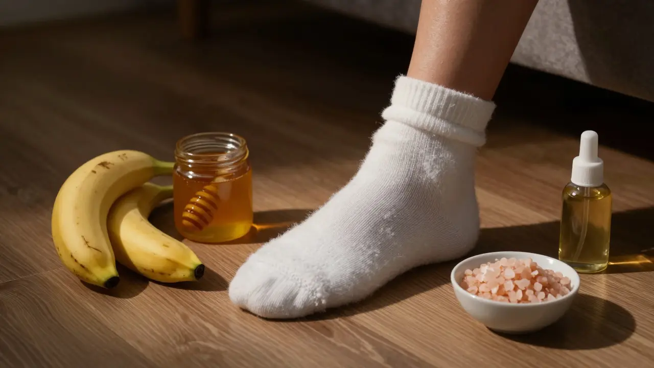 Nohou obalenou v ponožkách po noční péči, s přirozenými ingrediencemi kolem v klidném prostředí.