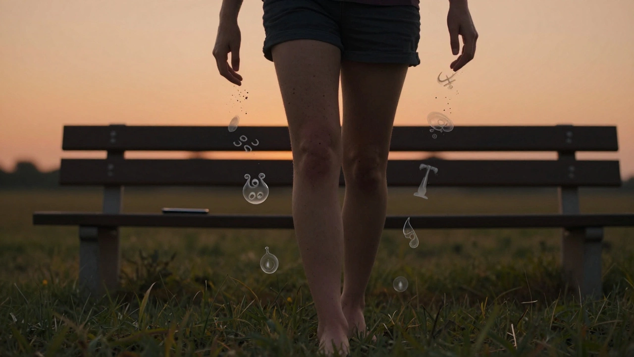 Osoba chodí bosá na trávě v soumraku, toxiny opouštějí tělo jako tmavé částice.