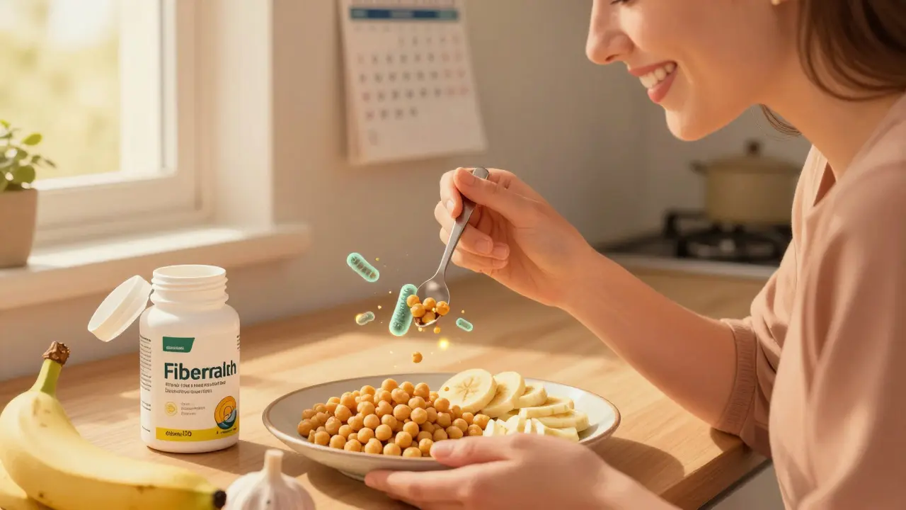 Osoba jí potraviny bohaté na vlákninu vedle probiotik, kalendář ukazuje 4 týdny užívání.