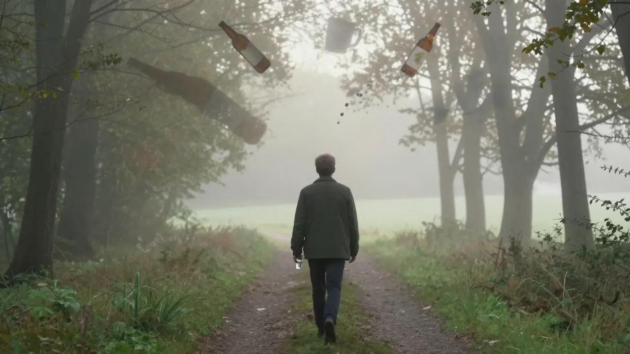 Osoba kráčí lesem při východu slunce, zanechává za sebou alkohol a toxiny.