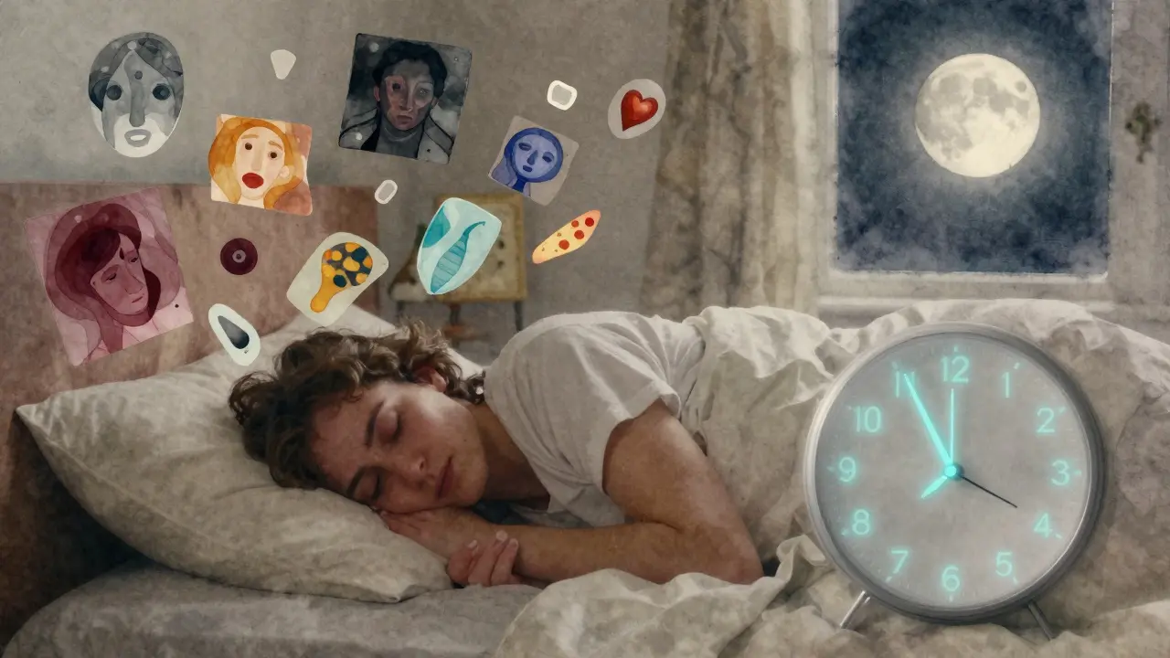 Osoba spící v klidu s vize při REM spánku, osvětlená měsíčním světlem.