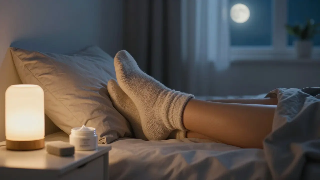 Osoba v bavlněných ponožkách sedí v klidu na posteli s nohama na polštáři ve večerním osvětlení.