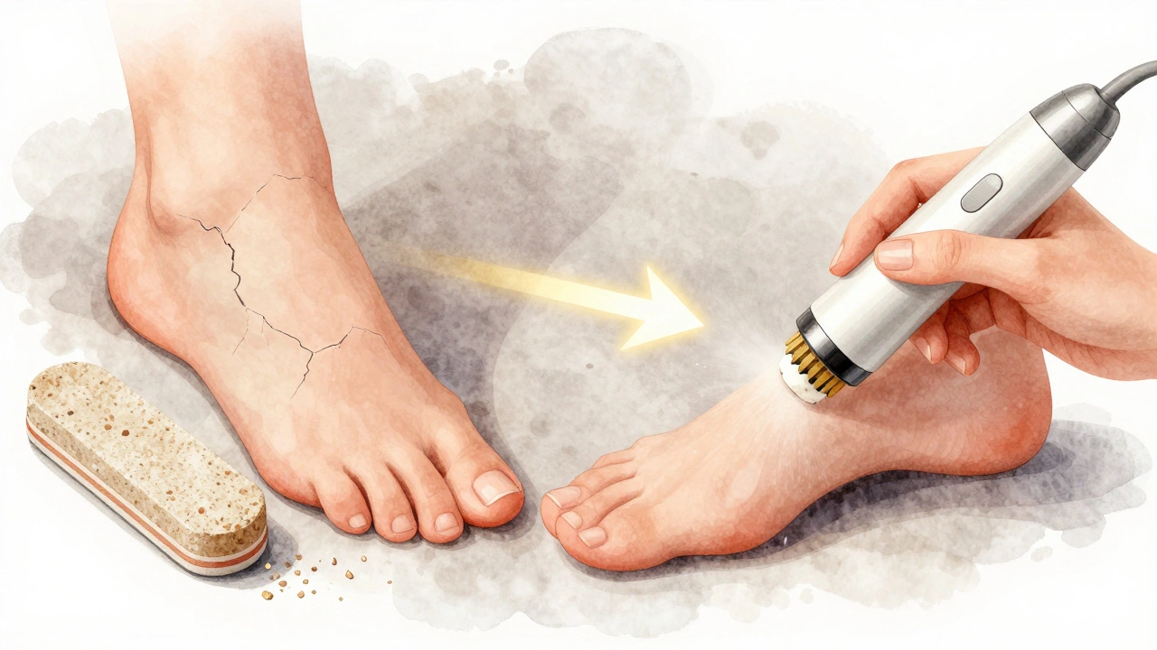 Porovnání klasické a přístrojové pedikúry: hrubý kámen vs. přesné odstranění kůže.