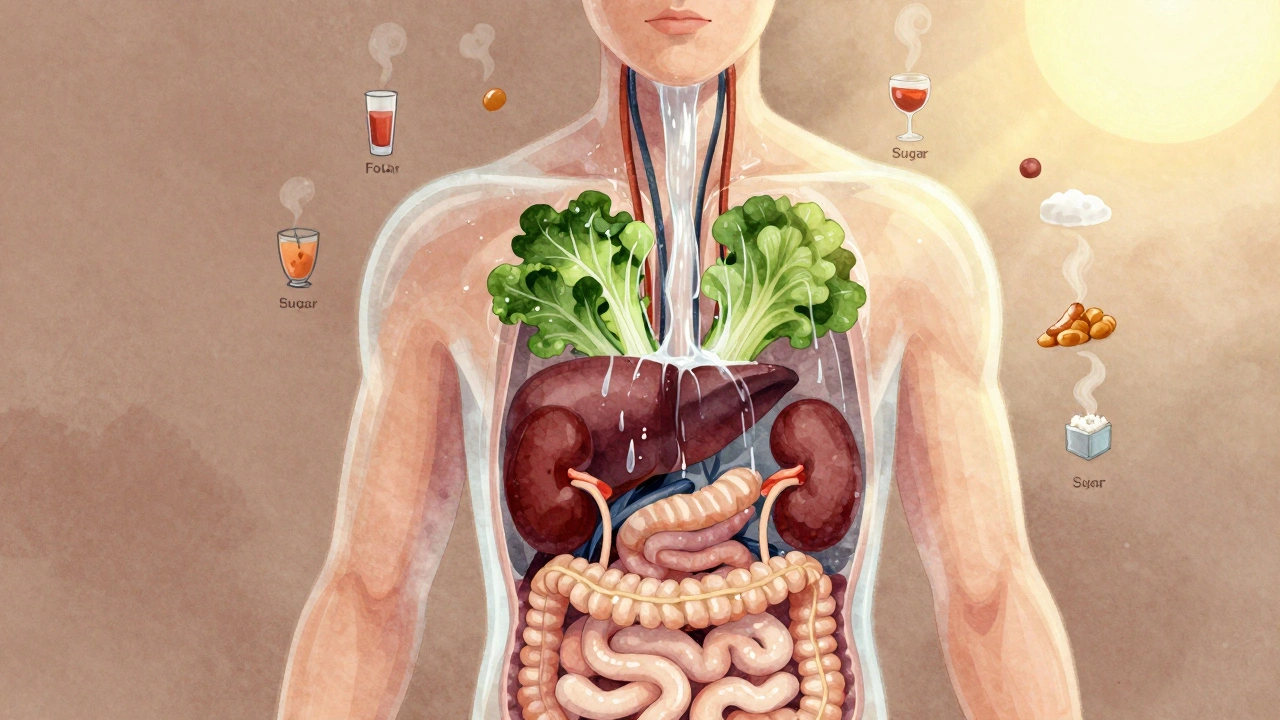 Průhledný lidský organismus s čistěnými orgány, zatímco škodliviny mizí jako kouř.