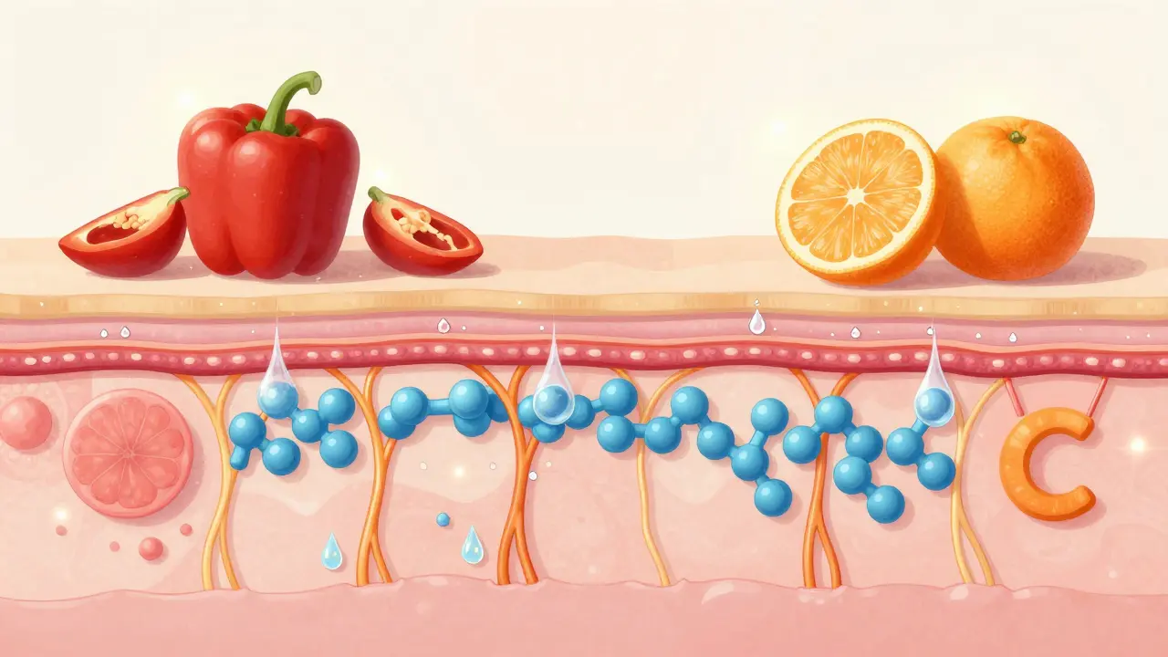 Průřez kůže s kolagenovými vlákny a vitamínem C podporujícími obnovu.