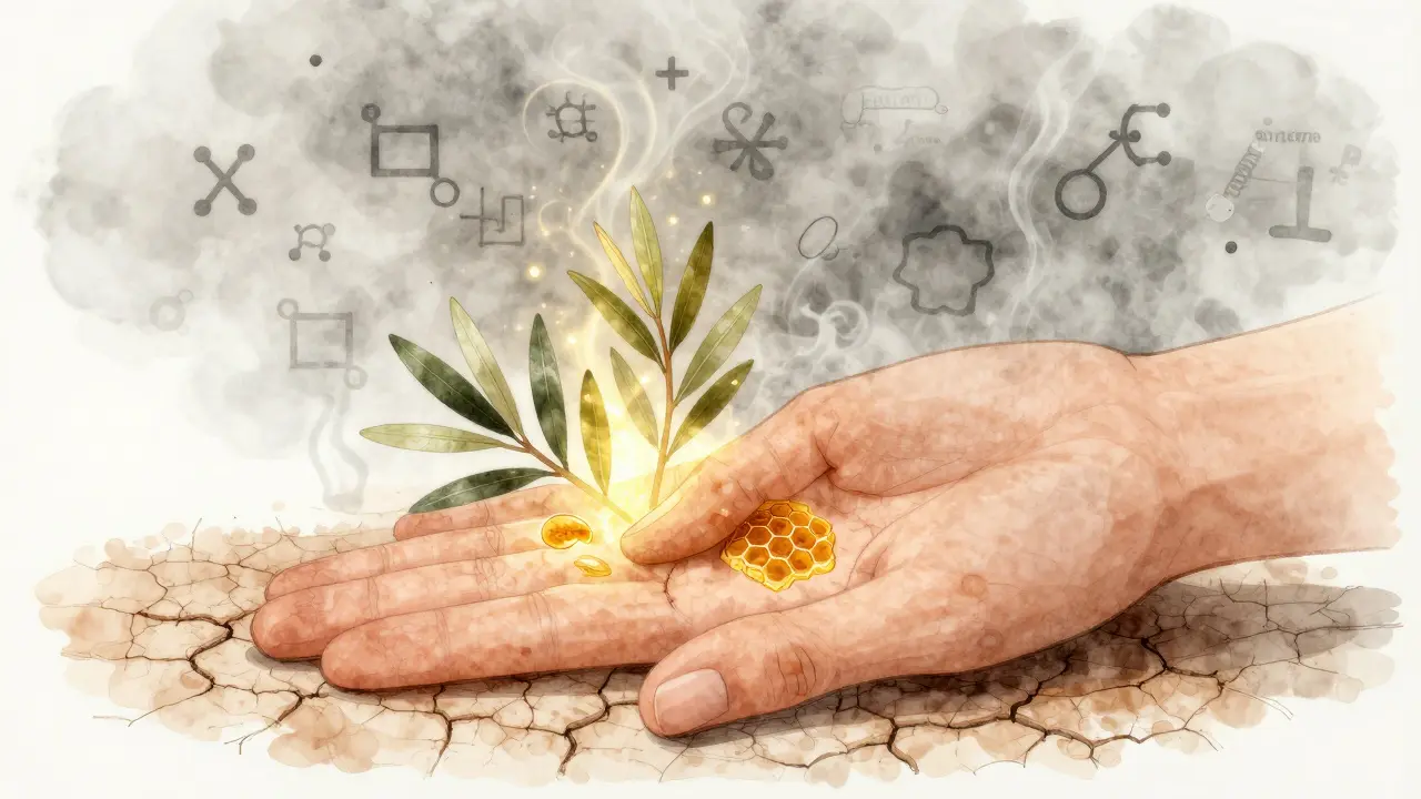 Ruka aplikuje přírodní olej na kůži, z ní vystupují rostlinné prvky, zatímco chemie mizí.