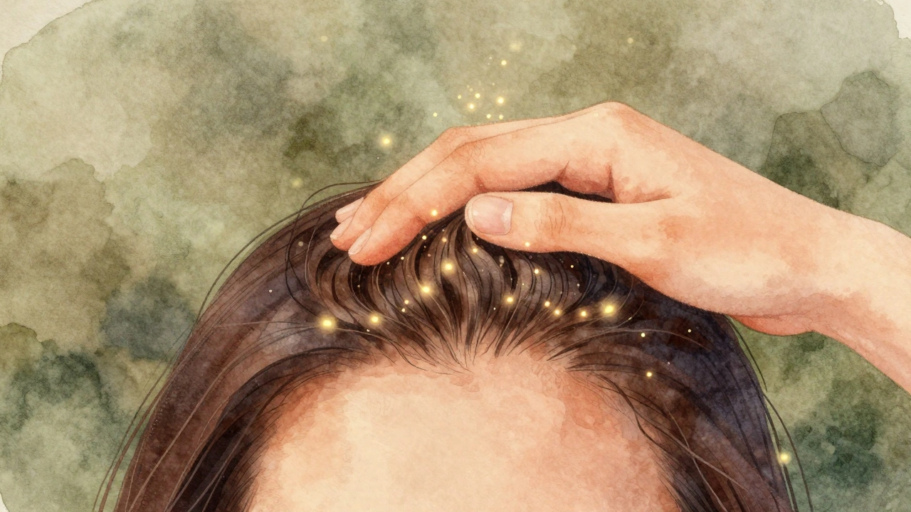 Ruka masíruje vlasovou pokožku kruhovými pohyby, zářící částice symbolizují zlepšený krevní oběh.