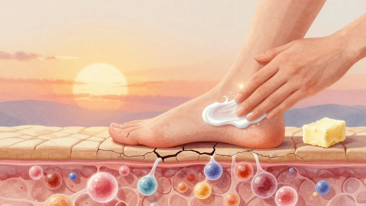 Ruka nanáší krém s močovinou a shea tukem na prasklé paty, s vizualizací hydratace kůže.