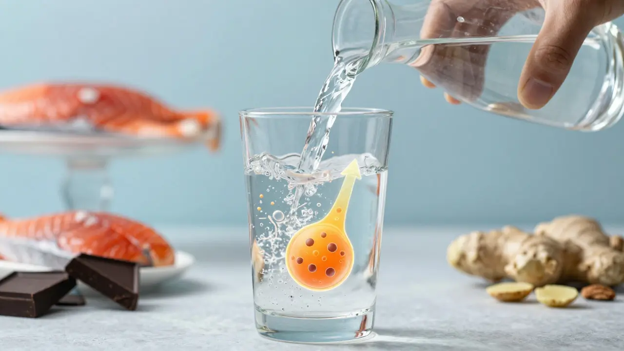 Sklenice vody s vizuálním efektem škodlivého tuku mizícího v těle