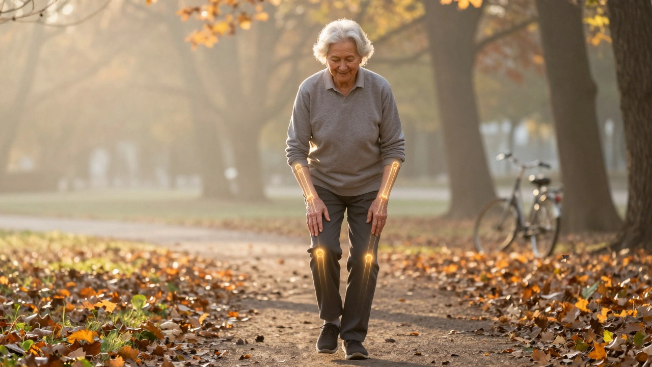 Starší osoba kráčí v parku v záři ranního slunce s příznaky zdravých kloubů
