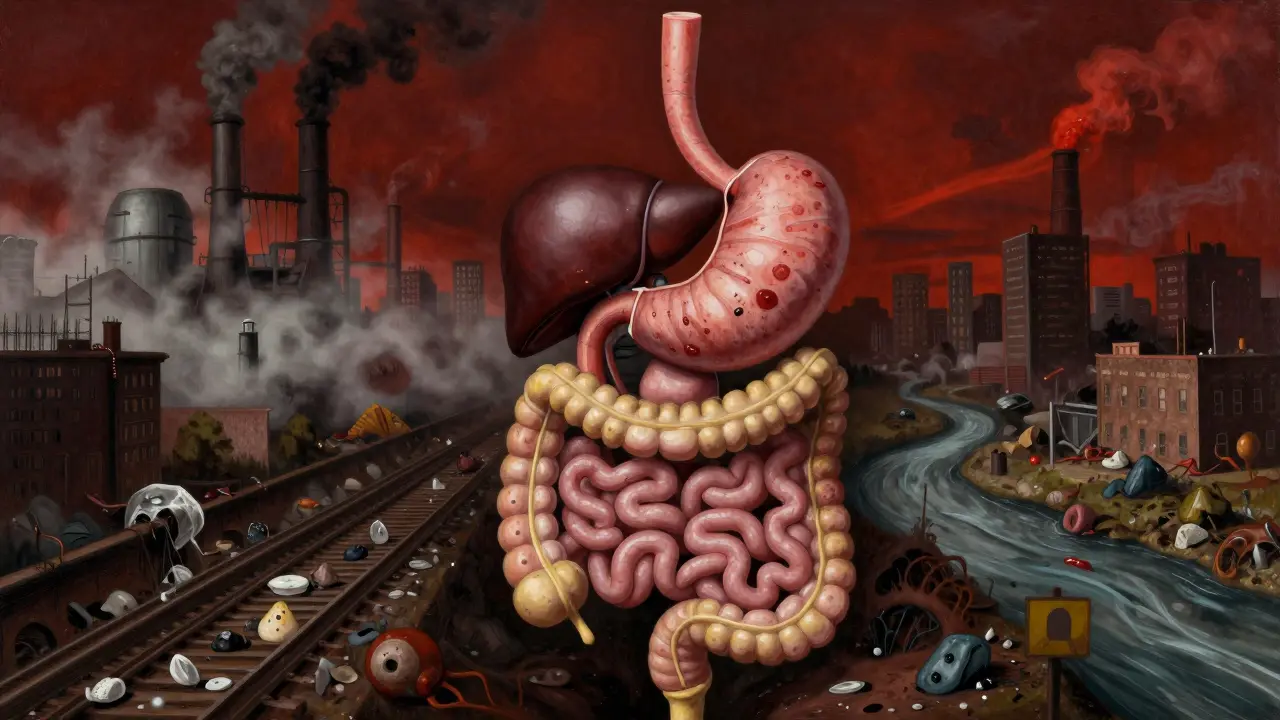Surreální ilustrace trávicího systému jako zamořeného města s toxiny a záněty.