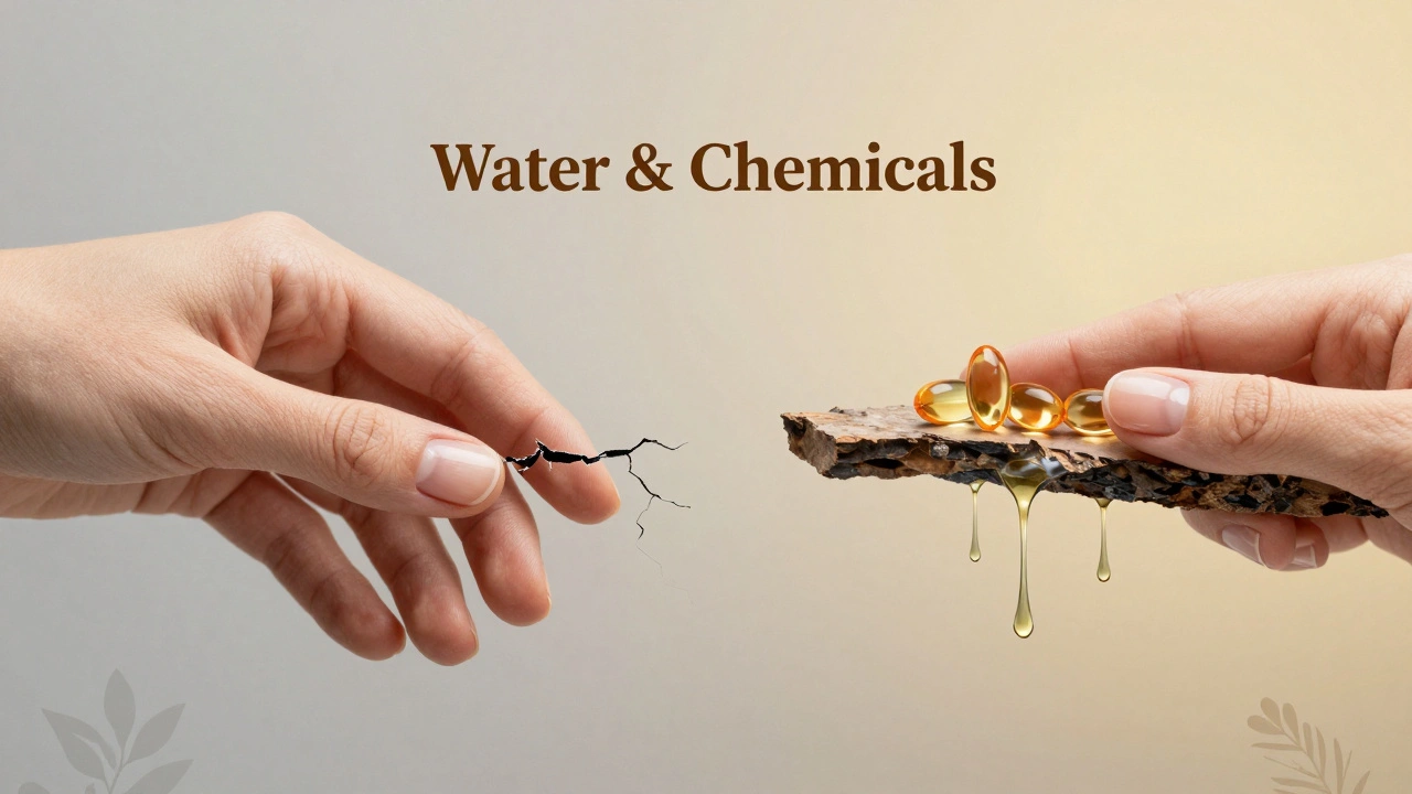 Symbolický obraz zlomeného nehtu přes propast, s jedné strany poškozený, z druhé zdravý.