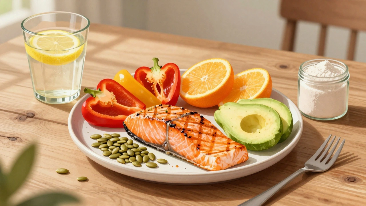 Talíř s potravinami pro zpevnění kůže: losos, paprika, avokádo a citrusy.