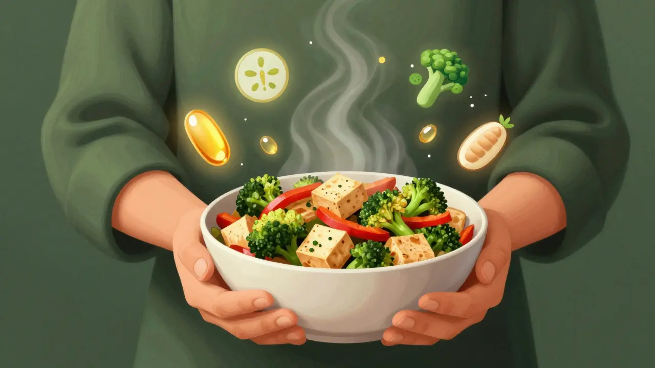 Tofu a tempeh s zeleninou, symbolizující rostlinné bílkoviny a zdravý metabolismus