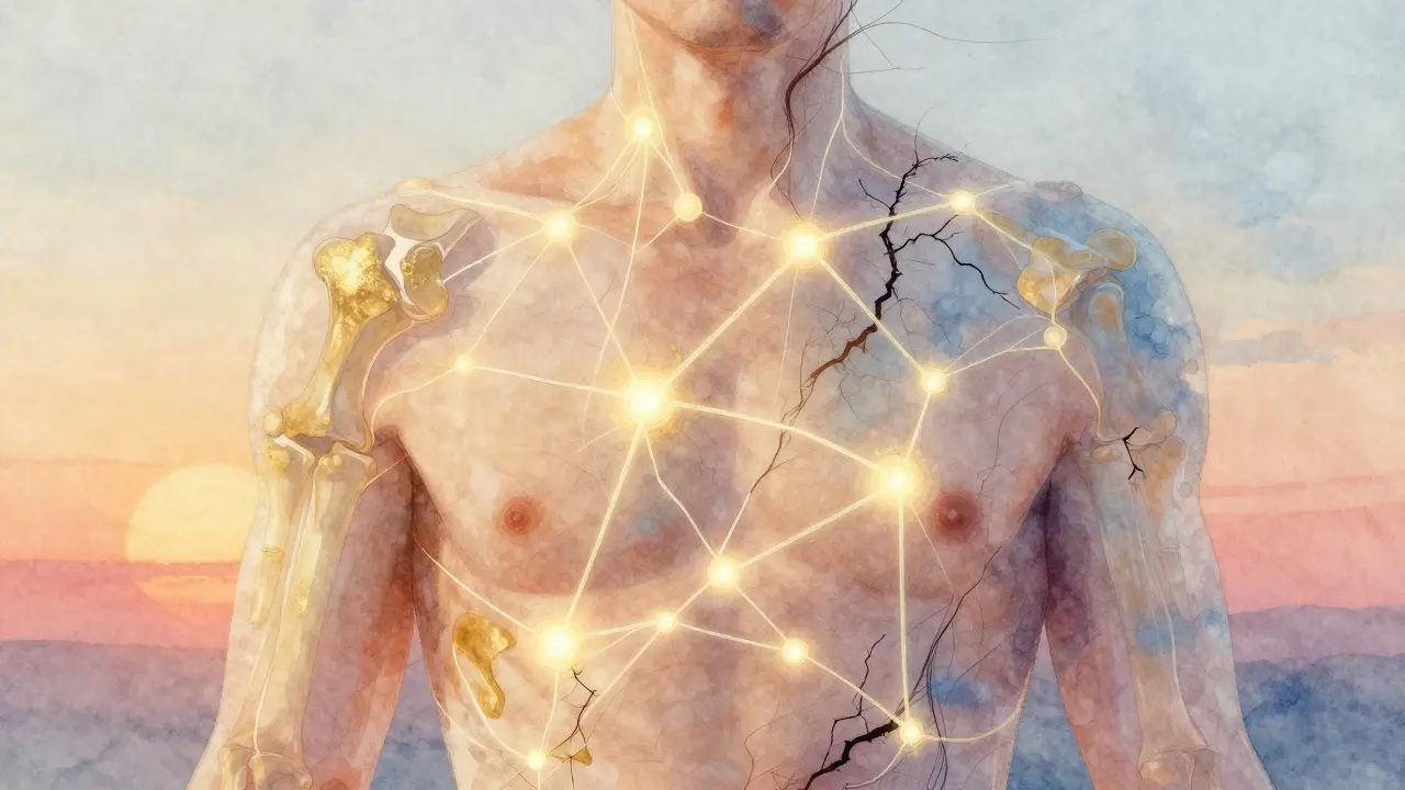 Transparenční tělo s leskoucím se kolagenovým sítěm, který se postupně rozpadá, symbolizující stárnutí a obnovu.