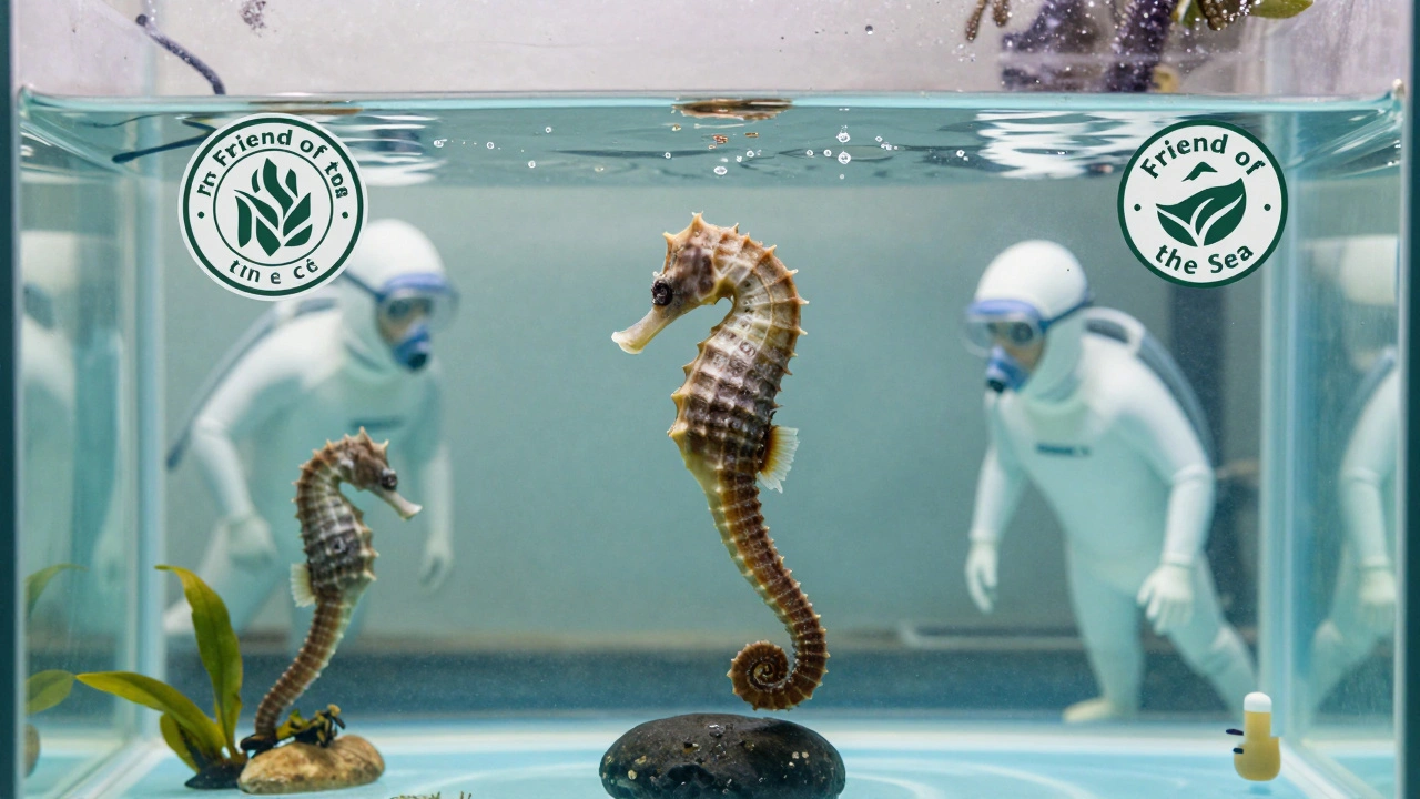 Udržitelný chov mořských koníků v akváriích s certifikačními znaky a odborníky.