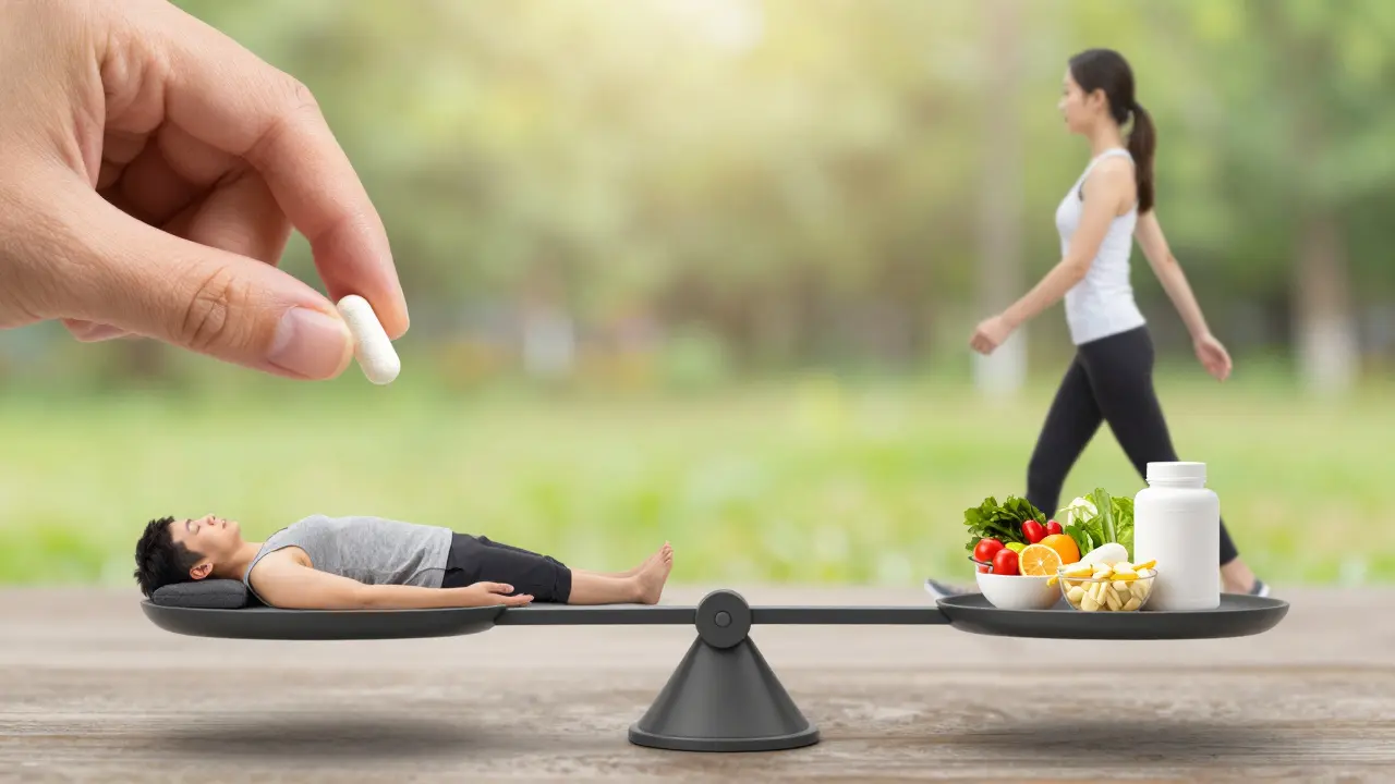 Váha v rovnováze mezi multivitamínem a zdravým životním stylem.