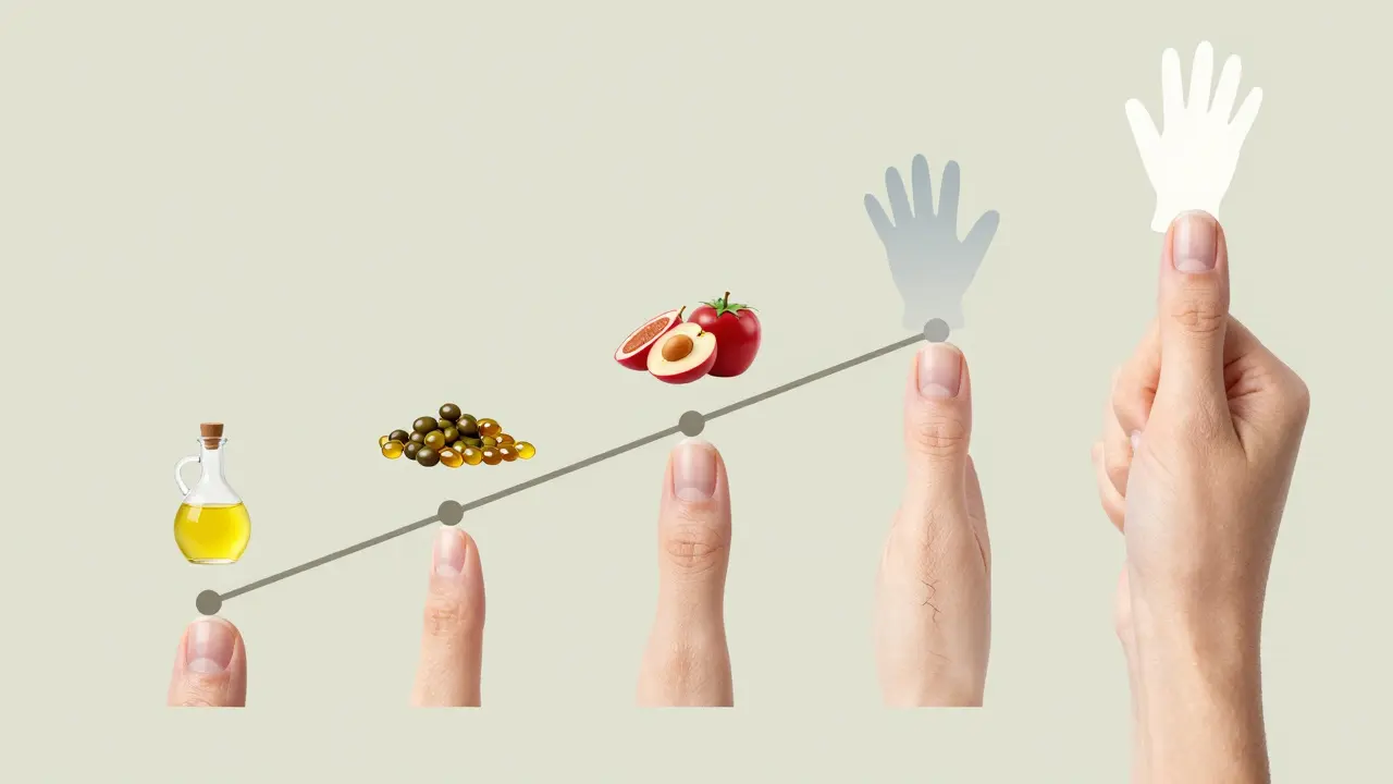 Vizuální časová osa od křehkých po pevné nehty s ikonami péče a výživy.