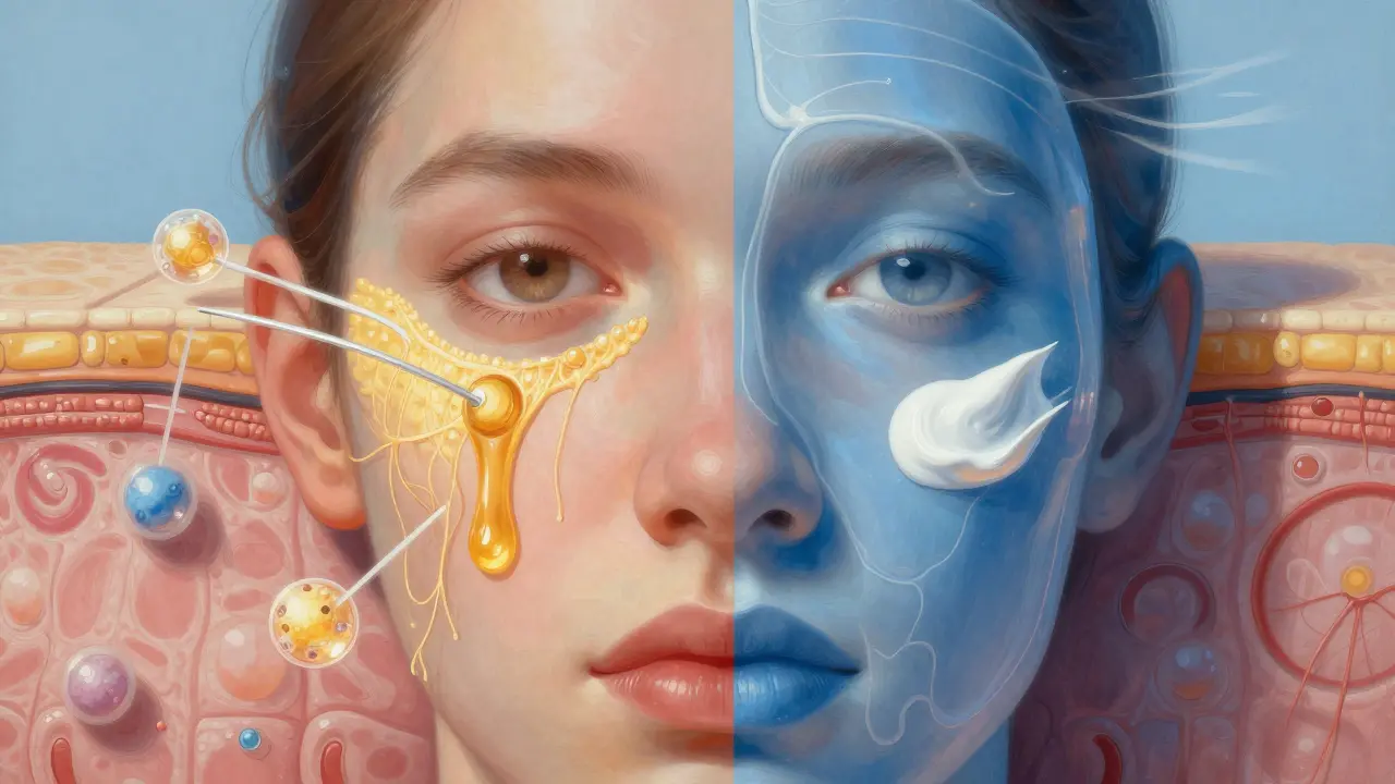 Vizuální rozdělení tváře: levá strana ukazuje pronikání séra do kůže, pravá strana ochrannou vrstvu krému.