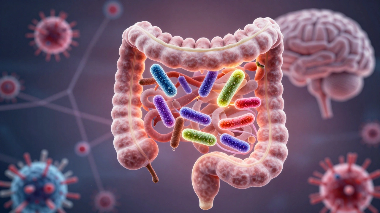 Vnitřek střev s užitečnými bakteriemi a propojením s mozkem.