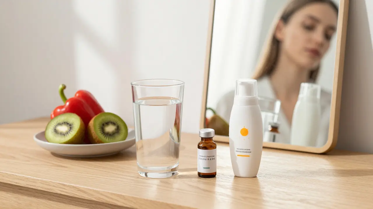 Zdravá péče o pleť: voda, ovoce, kolagen a krém na slunce na stole.