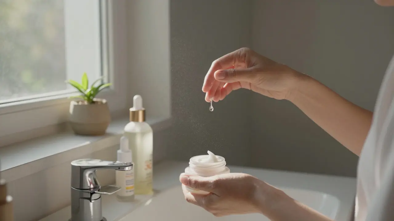 Žena aplikuje sérum a krém v koupelně při ranním světle, vedle nich SPF krém a rostlina.