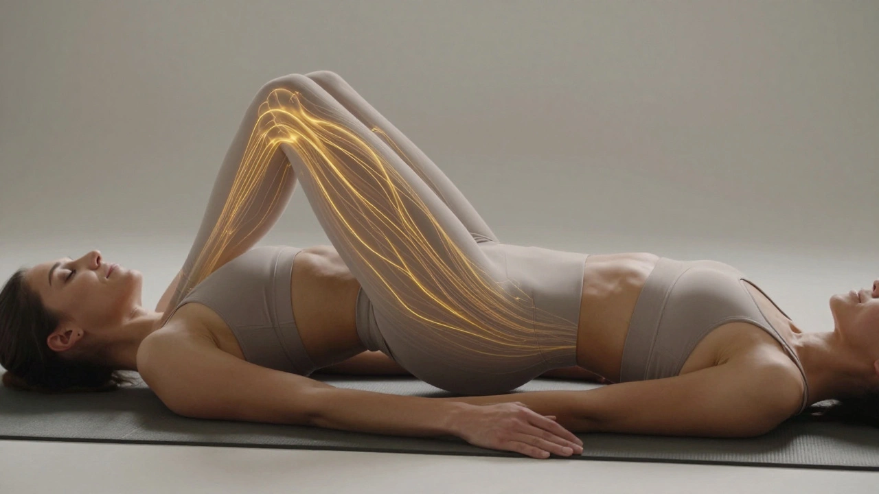 Žena dělá cvičení gluteus bridge, symbolicky zobrazena s regenerací kůže.