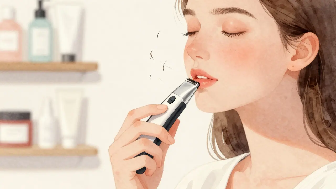 Žena používá přesný bradavkový strojek na obličeji, bez podráždění, klidná atmosféra.