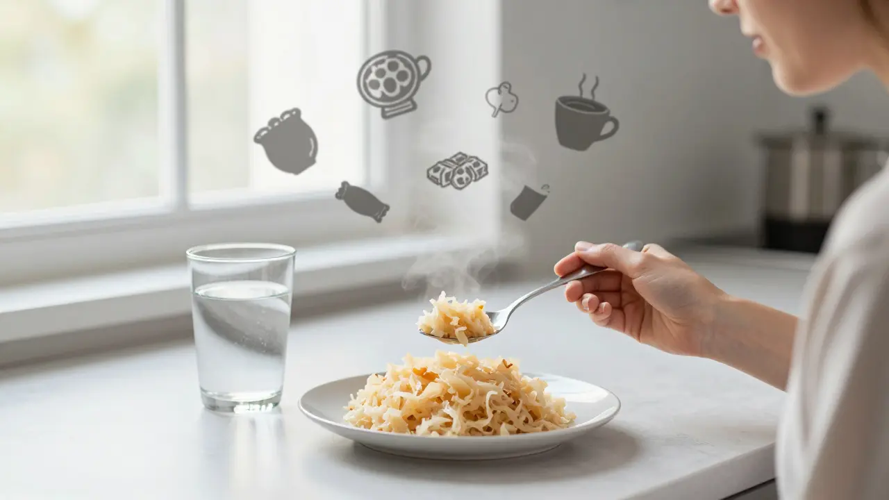 Žena přidává kvašenou zelí na talíř s vodou, symbol obnovy trávení.