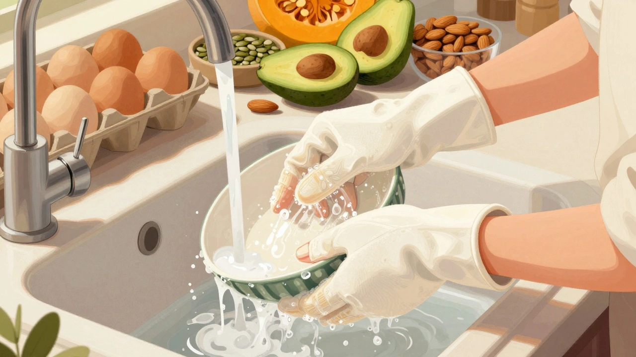 Žena v bavlněných rukavicích myje nádobí, vedle ní potraviny pro silné nehty.