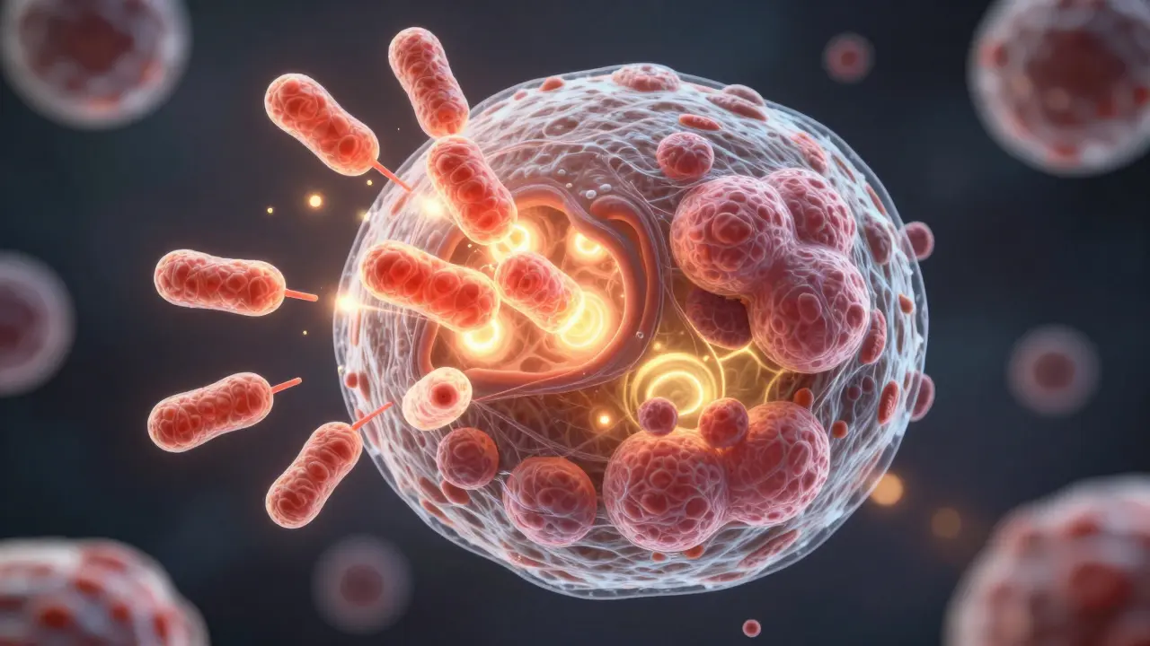 Zvětšená buňka s jasnějšími mitochondriemi a zmenšenými tukovými buňkami po 30 dnech bez alkoholu.