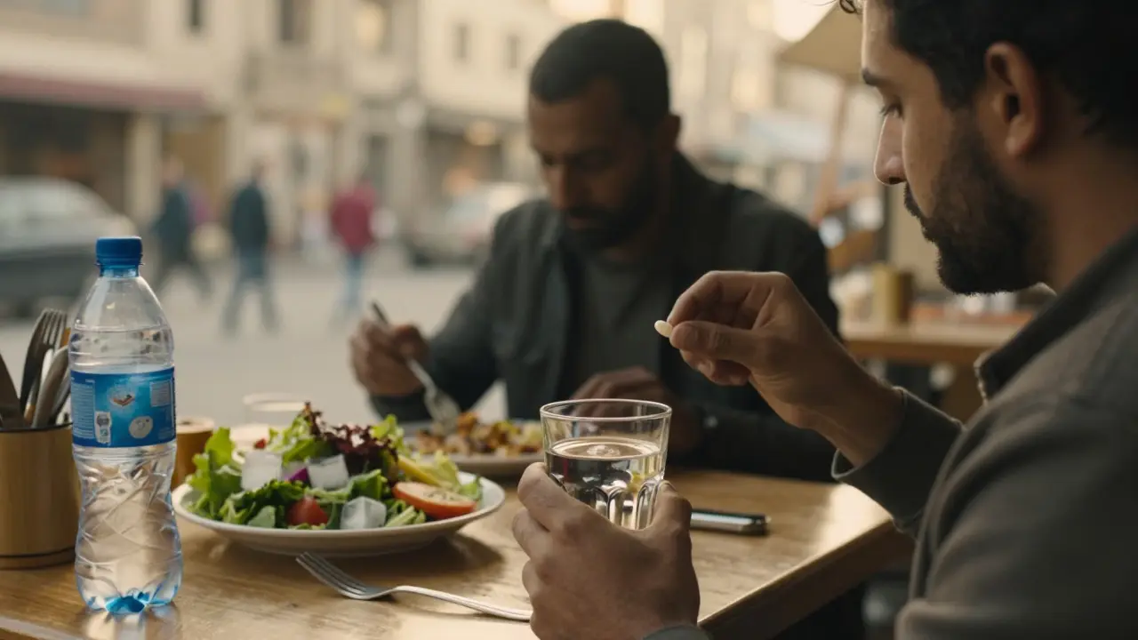 Cestovatel v Káhiře pije čistou vodu a užívá probiotikum, zatímco nečistá jídla jsou za ním ve stínu.
