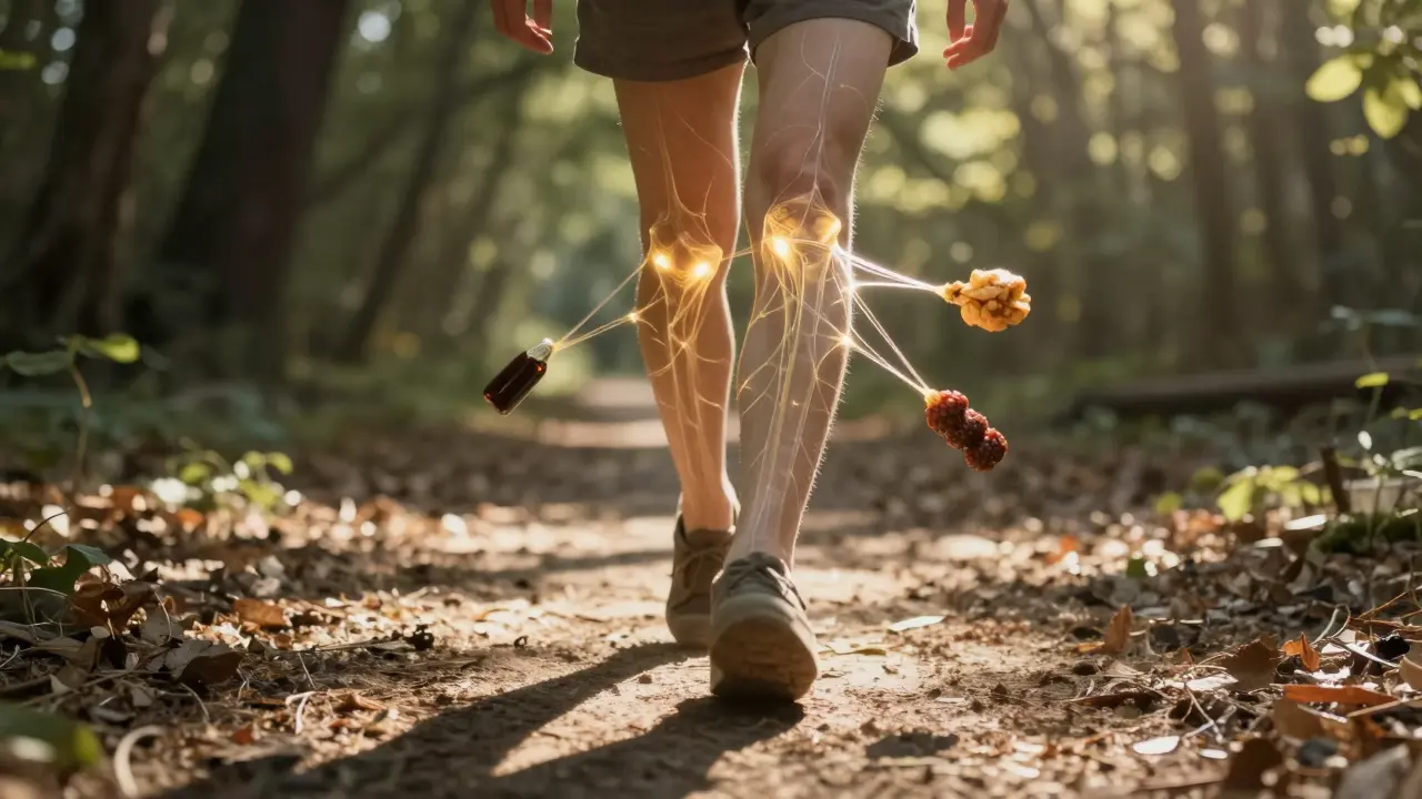 Člověk chodí skrz les, zlaté vlákna kolagenu spojují jeho klouby