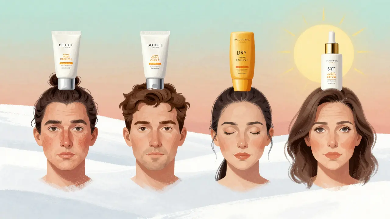 Čtyři typy pleti s příslušnými formulemi SPF nad každou z nich.