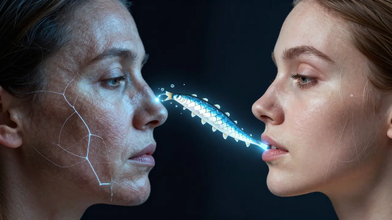 Dvě strany pokožky: stará s poškozenými vlákny a mladá s celistvými kolagenovými strukturami.