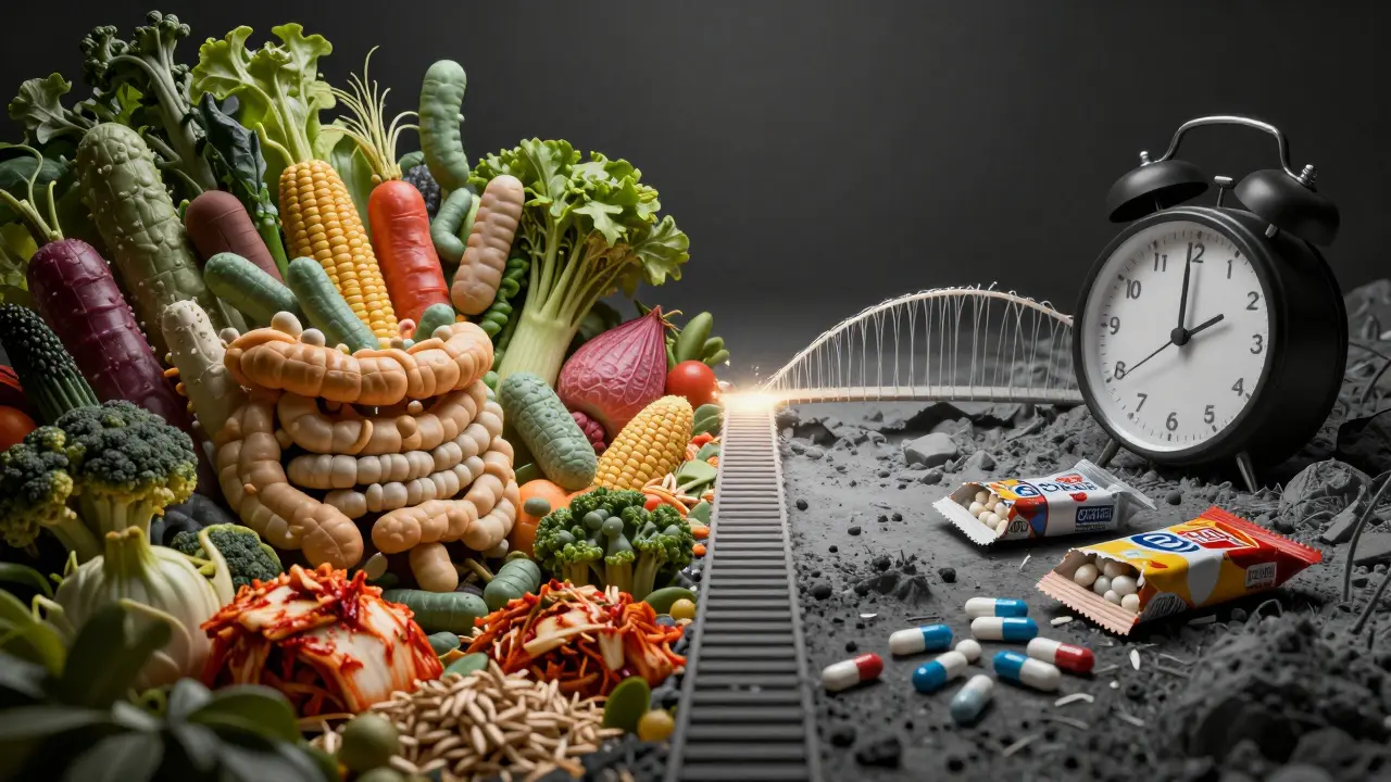 Dvě strany střevního mikrobiomu: zdravá vs. poškozená mikroflora s potravinami a stresovými faktory.